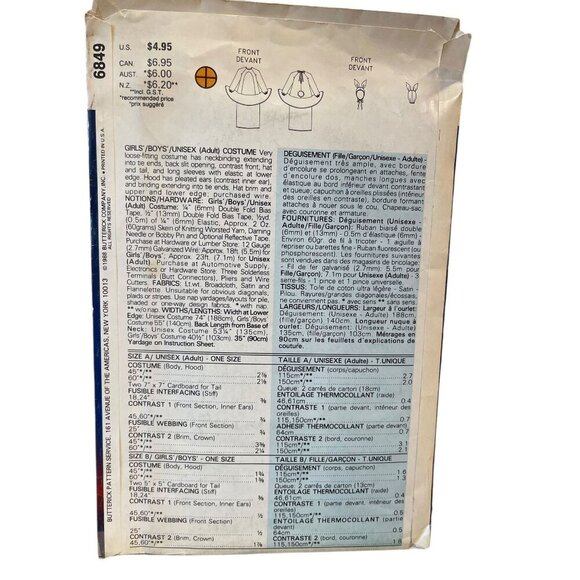 Butterick 6849 Bunny Rabbit Costume Sewing Pattern Size Child One Size - Picture 2 of 2